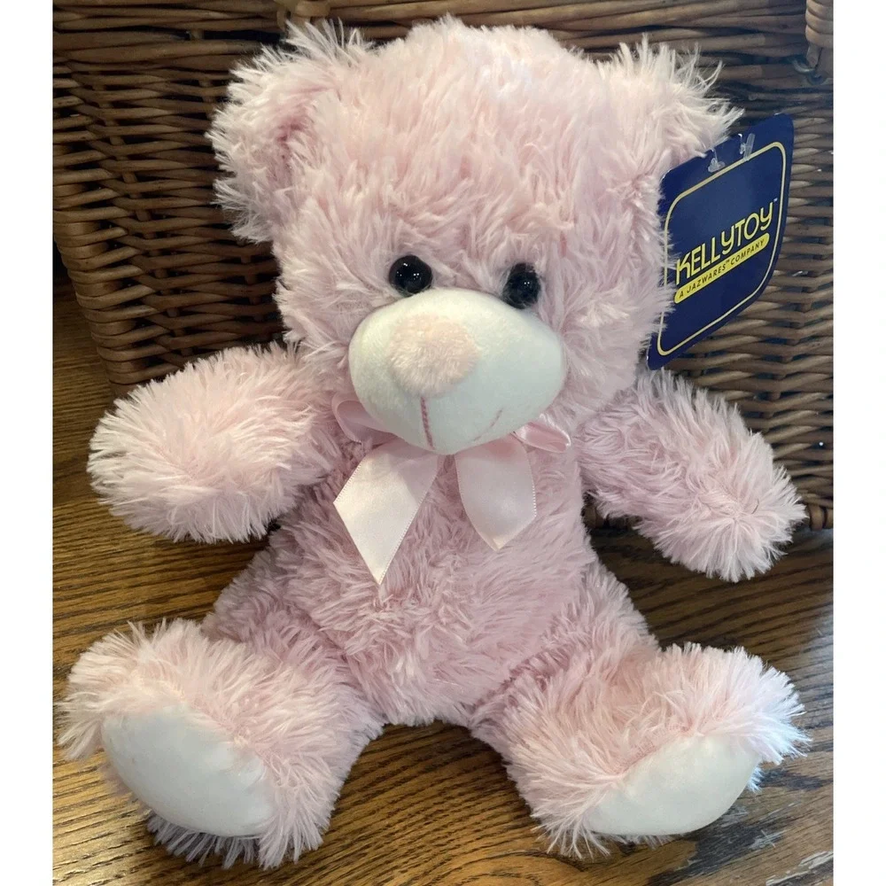 Kellytoy Pink Teddy Bear Plush Satin Bow Stuffed Animal NEW with Tag